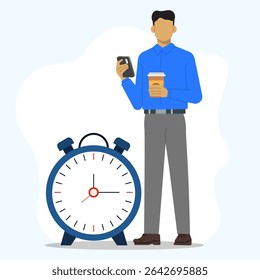 Time management, manage to finish project within deadline, productivity or efficiency on work, speed and urgency concept. Businessman standing on near big alarm clock withholding phone and coffee.