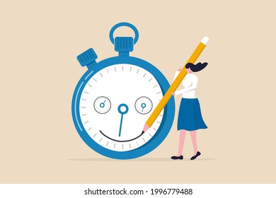 Time management, manage project deadline, improve work efficiency or productivity to finish project on time concept,  happy entrepreneur woman drawing smile face on time counting down timer clock.