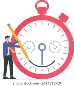 Time management, manage project deadline, improve work efficiency or productivity to finish project on time concept, happy entrepreneur businessman drawing smile face on time counting down timer clock