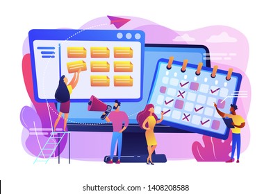 Time management, marketers teamwork. Media planning, media representation control, reach your client, best media plan for your brand concept. Bright vibrant violet vector isolated illustration