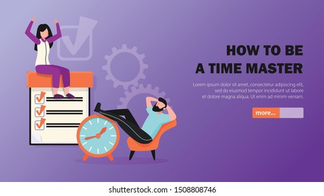 Time management mastering tips flat horizontal web banner with completed tasks clock and relaxing symbols vector illustration       