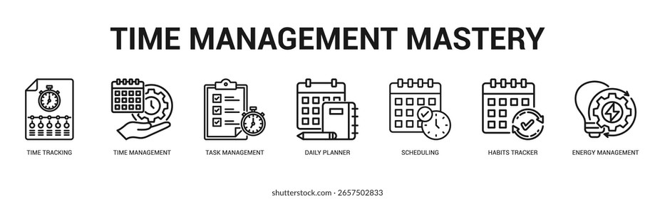Time Management Mastery Modern and clean web banner illustration featuring thematic icons for visual communication