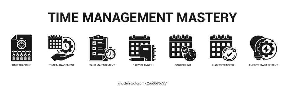 Time Management Mastery Modern and clean web banner illustration featuring thematic icons for visual communication