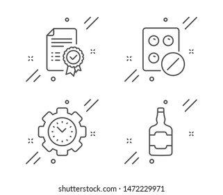 Time management, Medical tablet and Certificate line icons set. Whiskey bottle sign. Settings, Medicine pill, Verified document. Scotch alcohol. Business set. Line time management outline icon. Vector
