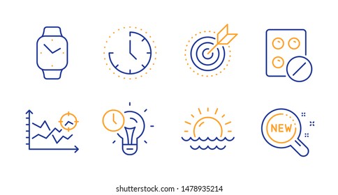 Time management, Medical tablet and Target purpose line icons set. Smartwatch, Seo analysis and Time signs. Sunset, New products symbols. Idea lightbulb, Medicine pill. Science set. Vector