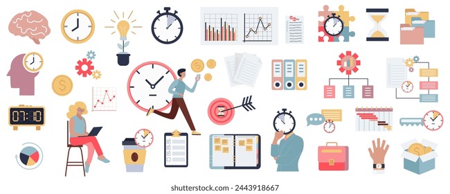 Time management mega set in flat graphic design. Collection elements of office workflow signs, countdown clock, schedules, hourglass, business deadline, hurry employees, other. Vector illustration.