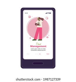 Plantilla de deslizador onboarding de aplicación móvil de administración de tiempo en pantalla de smartphone con un hombre de dibujos animados mirando el reloj de pulsera y el pensamiento. Ilustración vectorial aislada plana.