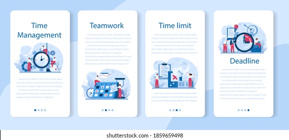 Time management mobile application banner set. Business people work time or project planning. Idea of schedule and organization. Productive day and work optimization. Isolated flat vector illustration
