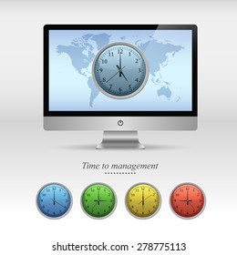 Time to management modern 3D Screen Monitor and business clocks template, Map of the earth, Vector illustration Eps 10
