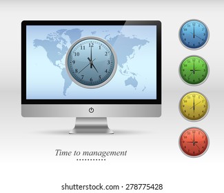 Time to management modern 3D Screen Monitor and business clocks template, Map of the earth, Vector illustration Eps 10