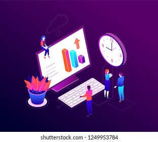 Time management - modern colorful isometric vector illustration on purple background. A composition with business team, male, female colleagues, big clock, computer with keyboard, diagrams, cloud