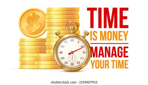 Time management or time is money concept banner with golden stopwatch clock, stack of golden coins and place for text. Vector illustration