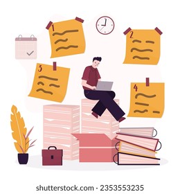 Time management, much paperwork in office. Smart businessman adds new notes, tasks and memo. Male employee use laptop, office day, work process, overwork. Work schedule and notes. vector illustration