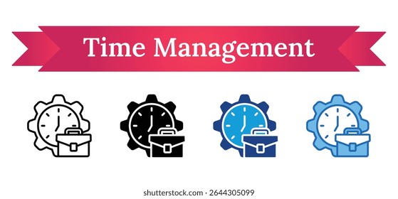 Time Management - Multi Style - A clock and briefcase within a gear, showing effective time control in professional tasks
