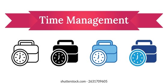 Gerenciamento de Tempo - Contorno de Estilo Múltiplo, Silhueta de Glifos, Azul, Ícone de Tom Duplo - Porta-arquivos com face de relógio, representando a importância do tempo na gestão de responsabilidades de carreira