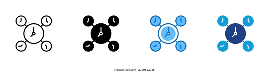 Time Management Multiple Style Icon Design Vector - central clock connected to multiple smaller clocks, representing multitasking, productivity, and organized time use