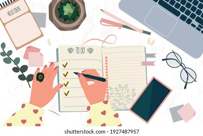 Time management, multitasking, effective month planning, to do list. Woman's hands writing plan in notebook at cozy home. Colorful vector flat cartoon top view illustration. Job schedule optimization.