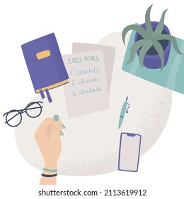 Time management, multitasking, effective month planning, to do list. Woman's hands writing plan in notebook at cozy home. Colorful vector flat cartoon top view illustration. Job schedule optimization.