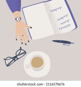 Time management, multitasking, effective month planning, to do list. Woman's hands writing plan in notebook at cozy home. Colorful vector flat cartoon top view illustration. Job schedule optimization.