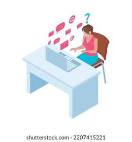 Time management multitasking isometric concept with woman working on laptop 3d vector illustration