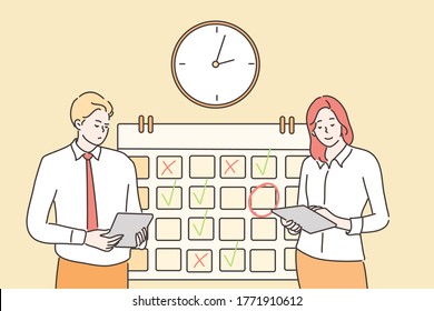 Time management, multitasking, planning teamwork, business concept. Businessman woman manager stand near calendar. Organization of working process for effective productivity. Job schedule optimization