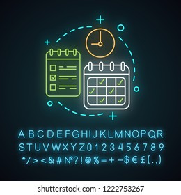 Time management neon light concept icon. Scheduling and planning idea. Timetable. Organizer. Appointments and meetings. Glowing sign with alphabet, numbers and symbols. Vector isolated illustration