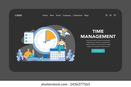 Gestión del tiempo de noche o modo oscuro web o página de aterrizaje. Programación eficaz y cumplimiento de la lista de comprobación para mejorar la productividad. Utilizar el tiempo sabiamente con la planificación estratégica. Ilustración vectorial plana.
