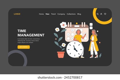 Web o página de aterrizaje de gestión del tiempo de noche o modo oscuro. Una ilustración vibrante que retrata la importancia de planificar y administrar el tiempo, con personajes con un reloj y un calendario.
