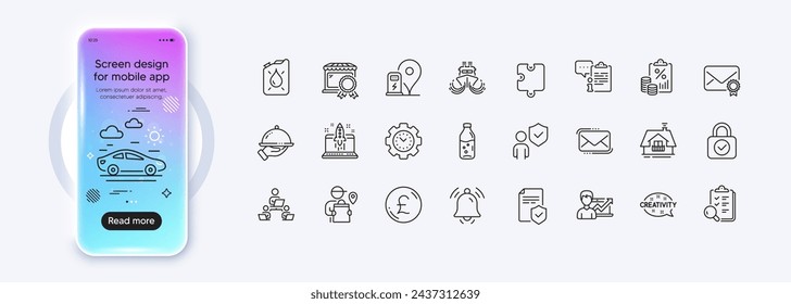 Time management, Notification bell and Restaurant food line icons for web app. Phone mockup gradient screen. Pack of Puzzle, Insurance policy, Messenger mail pictogram icons. Vector