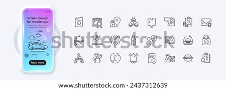 Time management, Notification bell and Restaurant food line icons for web app. Phone mockup gradient screen. Pack of Puzzle, Insurance policy, Messenger mail pictogram icons. Vector