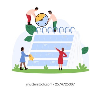 Time management, notification of important events. Tiny people holding reminder bell and clock to attract attention with sound message and ring on date on calendar cartoon vector illustration