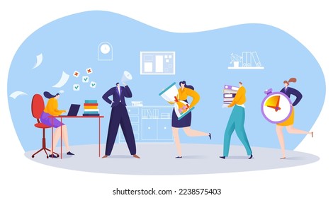 Time management for office employee, vector illustration, flat business manager man character hurry up workers, woman run with deadline timer