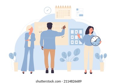 Time management and office planning vector illustration. Cartoon tiny productive employees organize work tasks with schedule timetable, calendar and clock. Business organization, plan concept