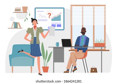 Time management in office, project deadline concept vector illustration. Cartoon businesswoman busy character running fast with paper documents to business partner, manager or boss isolated on white
