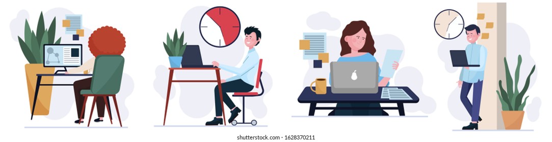 Time management in office set. Employees working near clock, using computers, workplaces flat vector illustration. Planning, scheduling, timing concept for banner, website design or landing web page