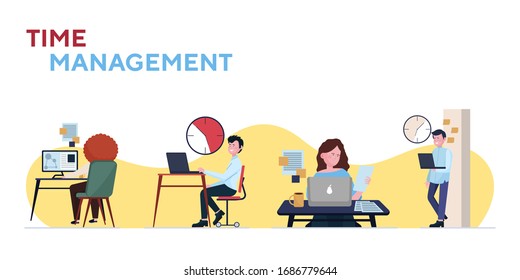 Zeitmanagement im Büro. Mitarbeiter, die in der Nähe der Uhr arbeiten, Computer benutzen, Arbeitsplätze flache Vektorillustration Illustration. Planung, Planung, Planung, Zeitplanung für Banner, Website-Design oder Landingwebseite