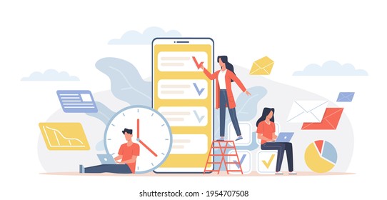 Gestión del tiempo. El equipo de Office trabaja en torno a grandes teléfonos inteligentes, listas de tareas pendientes de pantalla de aplicaciones móviles, personas con laptop, hombre y mujer planeando actividades. Concepto de vector de proceso de organización del trabajo en equipo