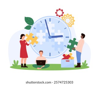 Time management, office teamwork to organize working hours, manage project, control schedule. Tiny people holding colorful pieces to complete puzzle inside big clock cartoon vector illustration