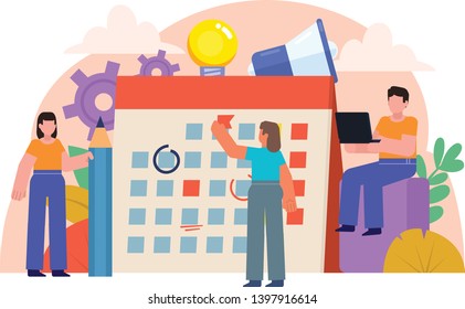Time management, office work, planning, daily routine. People stand near big calendar. Poster for social media, presentation, web page, banner. Flat design vector illustration