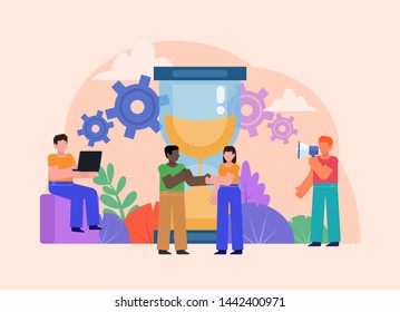 Time management, office work, planning, deadline concept. People stand near big sand watches. Illustration for social media, web page, banner, presentation. Flat design vector illustration