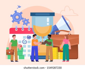 Time management, office work planning. People stand near big sand watches, various business elements. Poster for social media, web page, banner, presentation. Flat design vector illustration
