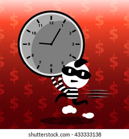 time management on red background cartoon concept stealing time, time control, business management, strategy planning, working hour with money pattern background vector design