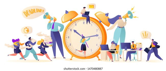  Time management on the road to success. Office workers and business people working overtime at Deadline. Flat сartoon characters work in high stress conditions and under hard boss pressure.