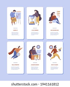 Time management onboard. Smartphone screen vertical banners with business planning people self organization daily control job garish vector templates