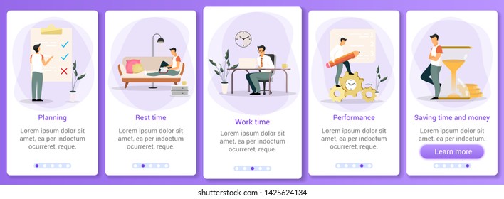 Time management onboarding mobile app screen vector template. Workflow organization. Manager planning work day. Walkthrough website steps with flat characters. UX, UI, GUI smartphone cartoon interface