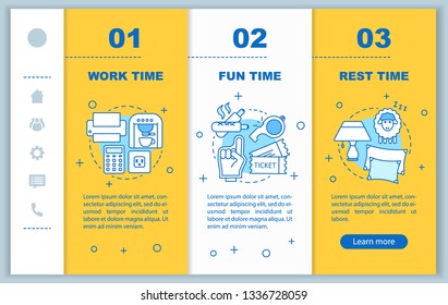 Time management onboarding mobile web pages vector template. Responsive smartphone website interface idea with linear illustrations. Rest time webpage walkthrough step screens. Color concept