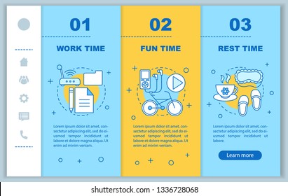 Time management onboarding mobile web pages vector template. Responsive smartphone website interface idea with linear illustrations. Rest, work time webpage walkthrough step screens. Color concept
