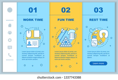 Time management onboarding mobile web pages vector template. Responsive smartphone website interface idea with linear illustrations. Rest, fun time webpage walkthrough step screens. Color concept