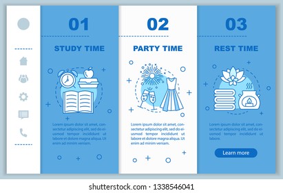 Time management onboarding mobile web pages vector template. Responsive smartphone website interface idea with linear illustrations. Study time webpage walkthrough step screens. Color concept