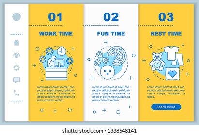 Time management onboarding mobile web pages vector template. Responsive smartphone website interface idea with linear illustrations. Work, rest time webpage walkthrough step screens. Color concept